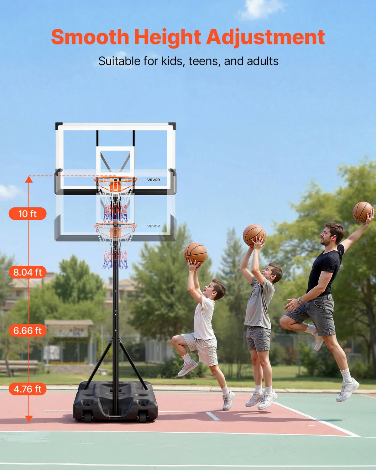 VEVOR Portable Basketball Stand, 10 ft Height Adjustment Basketball Hoop & Goal, Portable Basketballs Hoop with 54 inch PC Backboard & Wheels for Kids, Teens, Adults in Driveways, Pools, Schools - View 5