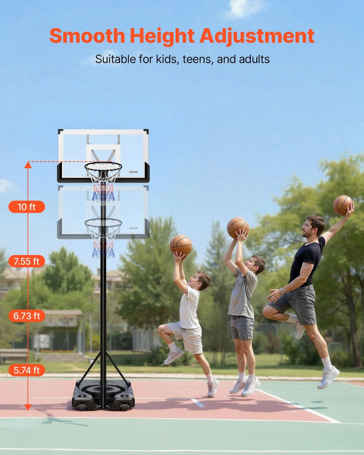 VEVOR Portable Basketball Stand, 10 ft Height Adjustment Basketball Hoop & Goal, Portable Basketballs Hoop with 48 inch PC Backboard & Wheels for Kids, Teens, Adults in Driveways, Pools, Schools - View 5