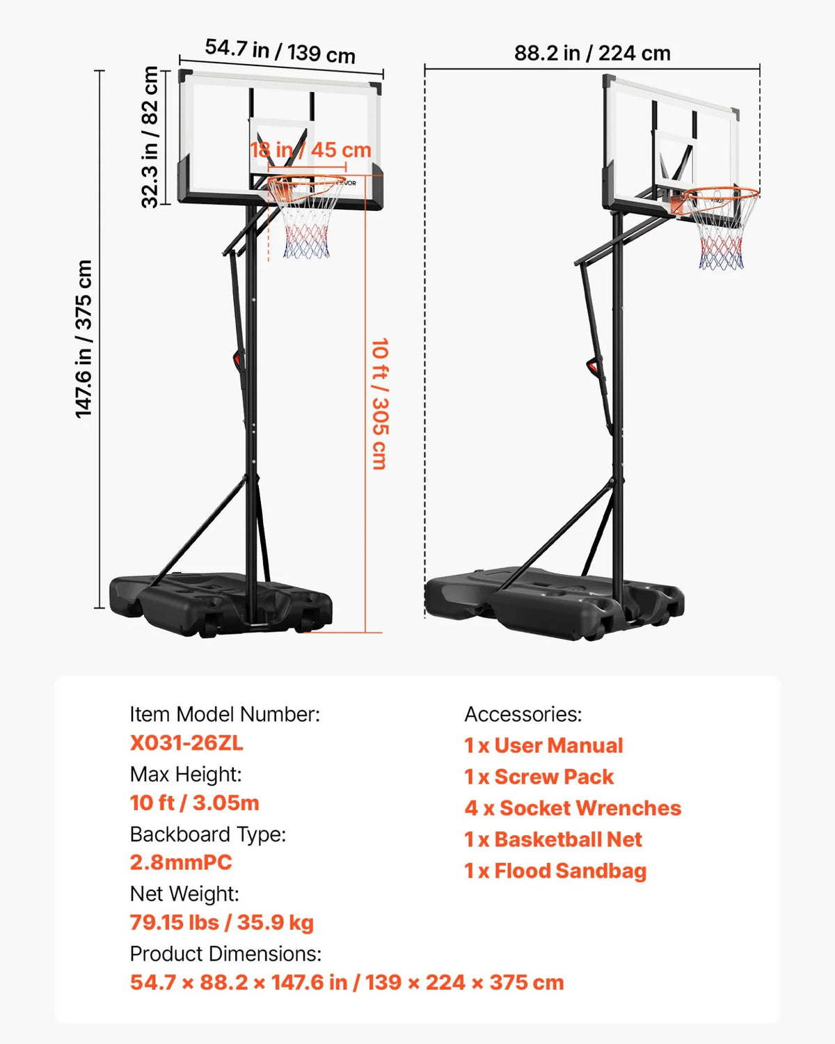 VEVOR Portable Basketball Stand, 10 ft Height Adjustment Basketball Hoop & Goal, Portable Basketballs Hoop with 54 inch PC Backboard & Wheels for Kids, Teens, Adults in Driveways, Pools, Schools - View 7