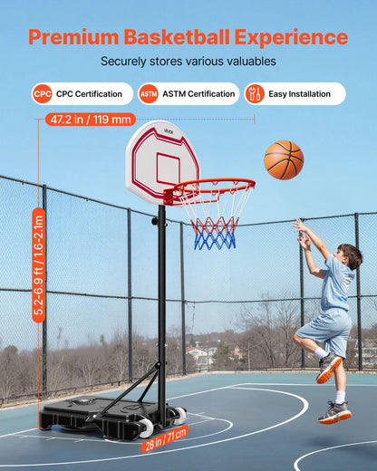 VEVOR Portable Basketball Stand, 5.2 to 6.9 ft Height Adjustment Basketball Hoop & Goal, Kids Adjustable Basketballs Hoop with Nylon Net & Rolling Wheels, Portable Backboard Set for Patios, Poolside - View 2