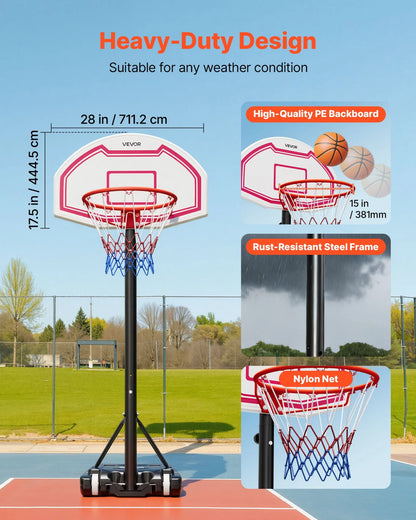 VEVOR Portable Basketball Stand, 5.2 to 6.9 ft Height Adjustment Basketball Hoop & Goal, Kids Adjustable Basketballs Hoop with Nylon Net & Rolling Wheels, Portable Backboard Set for Patios, Poolside - View 5