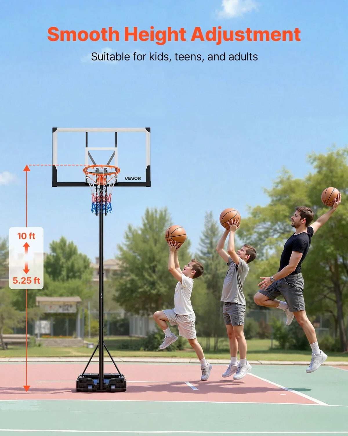 VEVOR Portable Basketball Stand, 5.25 to 10 ft Height Adjustment Basketball Hoop & Goal, Portable Basketballs Hoop with 48 inch PC Backboard & Wheels for Kids, Teens, Adults in Driveways, Pools - View 5