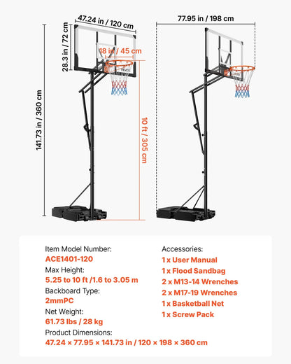 VEVOR Portable Basketball Stand, 5.25 to 10 ft Height Adjustment Basketball Hoop & Goal, Portable Basketballs Hoop with 48 inch PC Backboard & Wheels for Kids, Teens, Adults in Driveways, Pools - View 7