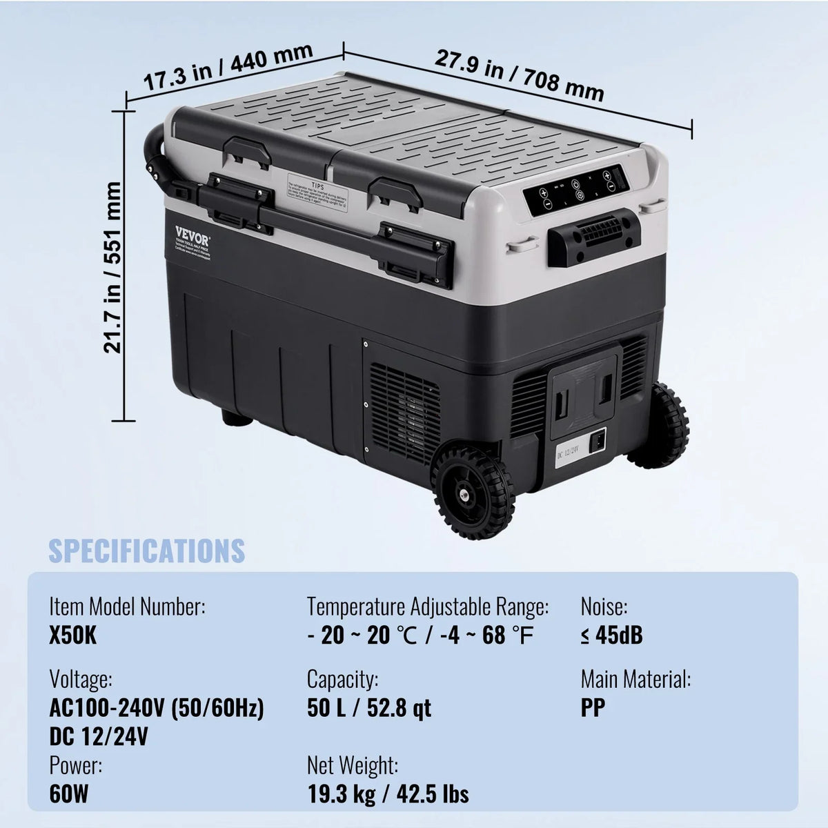VEVOR Portable Car Refrigerator, 12 Volt Car Refrigerator Fridge, 50 L / 52.8 QT Dual Zone Portable Freezer, -4℉-68℉ Adjustable Temperature, Compressor Cooler for Home, Outdoor, Camping, RV, Car - View 8