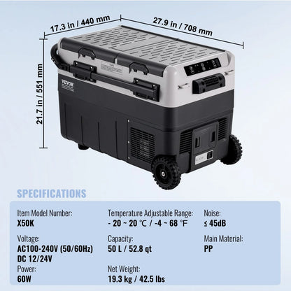 VEVOR Portable Car Refrigerator, 12 Volt Car Refrigerator Fridge, 50 L / 52.8 QT Dual Zone Portable Freezer, -4℉-68℉ Adjustable Temperature, Compressor Cooler for Home, Outdoor, Camping, RV, Car - View 8