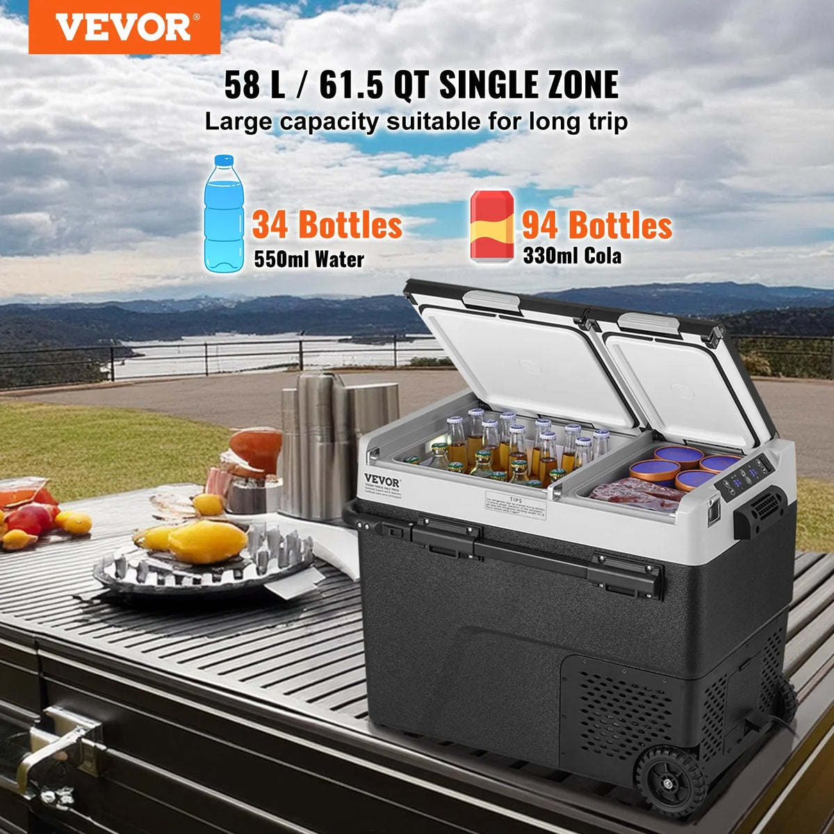 VEVOR Portable Car Refrigerator, 12 Volt Car Refrigerator Fridge, 58 L / 61.5 QT Dual Zone Portable Freezer, -4℉-68℉ Adjustable Temperature, Compressor Cooler for Home, Outdoor, Camping, RV, Car