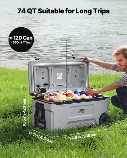 VEVOR Portable Cooler, 74 QT Wheeled Cooler with Ice Retention, Heavy-Duty Handles and Cup Holder, Lightweight Rigid Material Insulated Portable Cooler, Suitable for Family Picnics and Long Trips