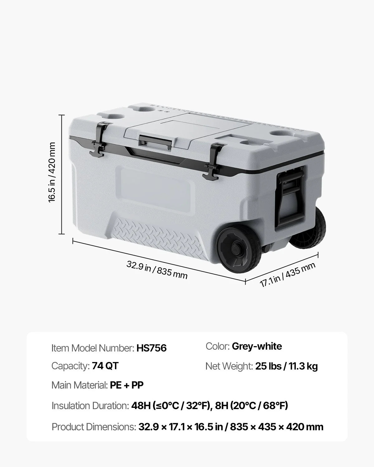 VEVOR Portable Cooler, 74 QT Wheeled Cooler with Ice Retention, Heavy-Duty Handles and Cup Holder, Lightweight Rigid Material Insulated Portable Cooler, Suitable for Family Picnics and Long Trips - View 6