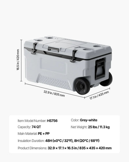 VEVOR Portable Cooler, 74 QT Wheeled Cooler with Ice Retention, Heavy-Duty Handles and Cup Holder, Lightweight Rigid Material Insulated Portable Cooler, Suitable for Family Picnics and Long Trips - View 6