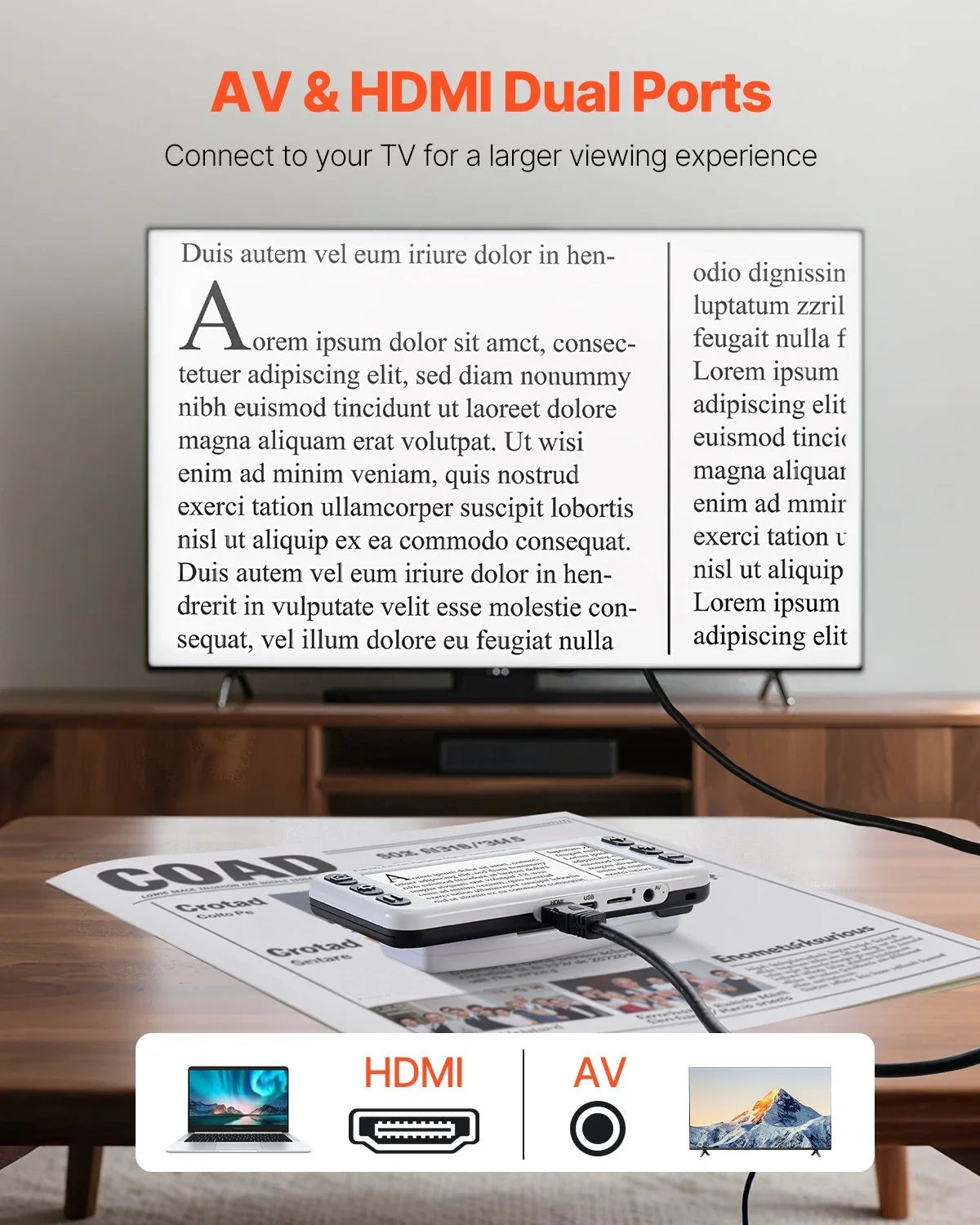 VEVOR Portable Digital Magnifier, 5-inch HD Electronic Video Magnifier for Low Version, 2X - 48X Electronic Reading Aid with 13MP Near & Far Dual Lens, 26 Color Mode, AV/HDMI Output & Foldable Handle - View 6