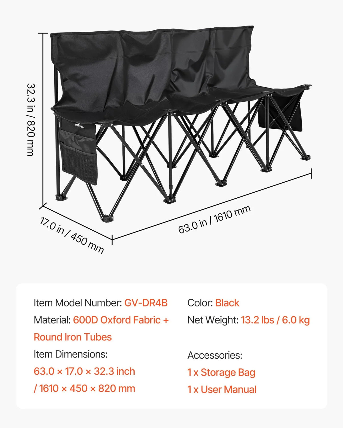 VEVOR Portable Folding Bench, 4 Seat Foldable Soccer Bench with Side Pockets and Carrying Bag, Lightweight Sideline Seating with Back Rest for Football, Baseball, Camping, Outdoor Events, Black - View 6