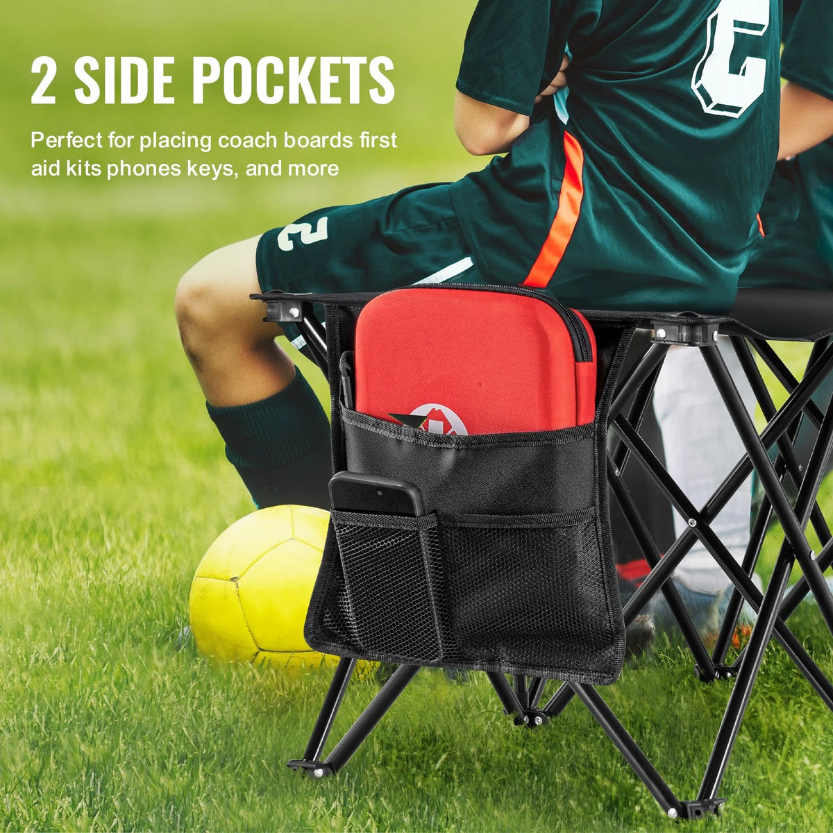 VEVOR Portable Folding Bench, 6 Seat Foldable Soccer Bench with Side Pockets and Carrying Bag, Lightweight 600D Oxford Fabric Sideline Seating, for Football, Baseball, Camping, Outdoor Events, Black - View 2