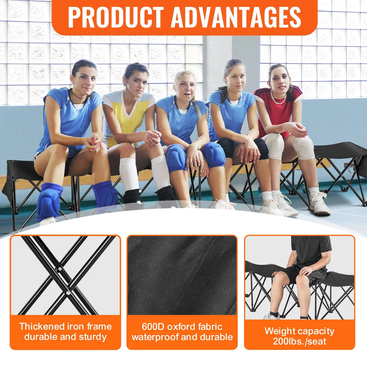 VEVOR Portable Folding Bench, 6 Seat Foldable Soccer Bench with Side Pockets and Carrying Bag, Lightweight 600D Oxford Fabric Sideline Seating, for Football, Baseball, Camping, Outdoor Events, Black - View 3