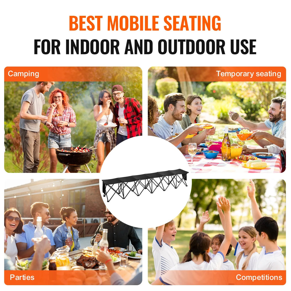 VEVOR Portable Folding Bench, 6 Seat Foldable Soccer Bench with Side Pockets and Carrying Bag, Lightweight 600D Oxford Fabric Sideline Seating, for Football, Baseball, Camping, Outdoor Events, Black - View 5