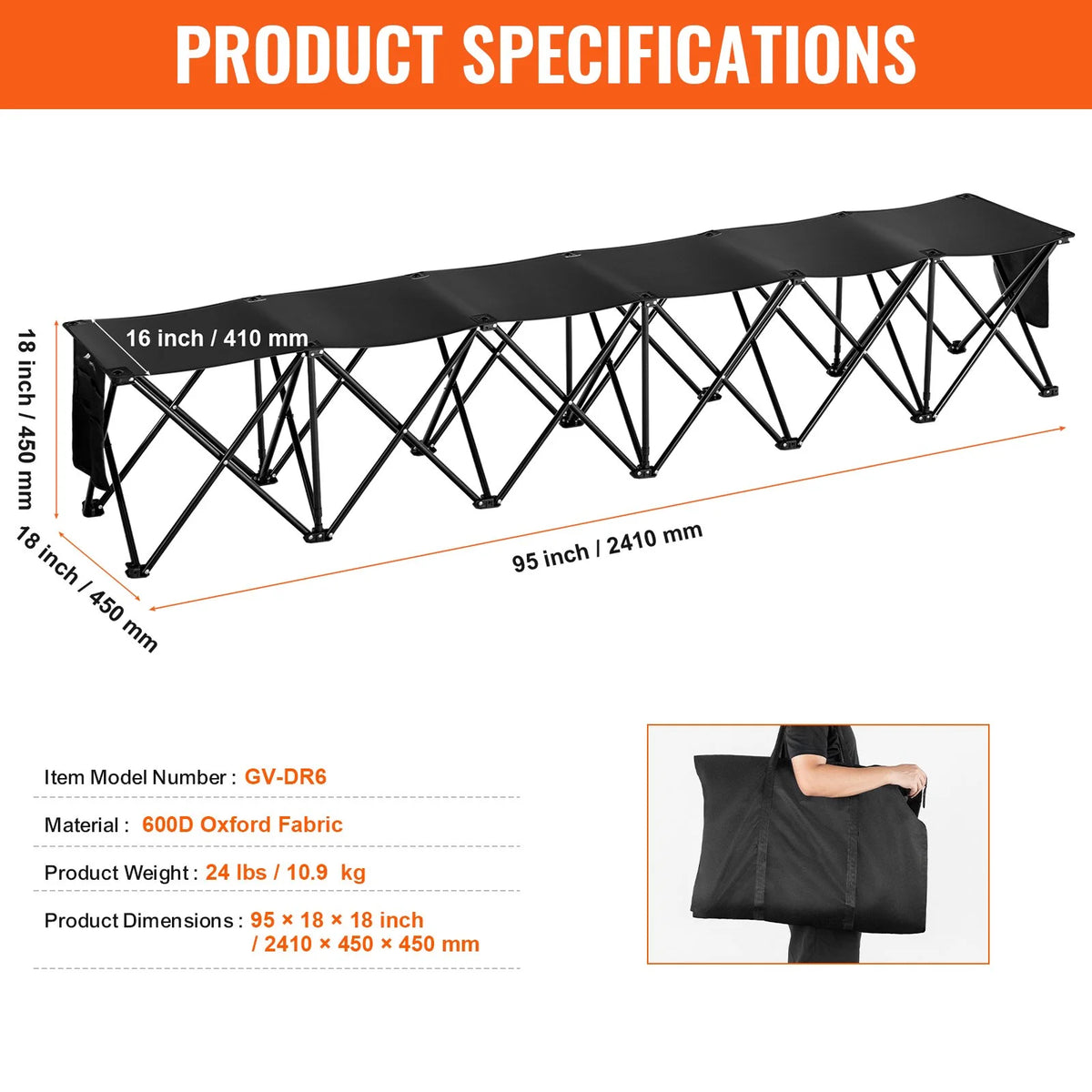 VEVOR Portable Folding Bench, 6 Seat Foldable Soccer Bench with Side Pockets and Carrying Bag, Lightweight 600D Oxford Fabric Sideline Seating, for Football, Baseball, Camping, Outdoor Events, Black - View 6