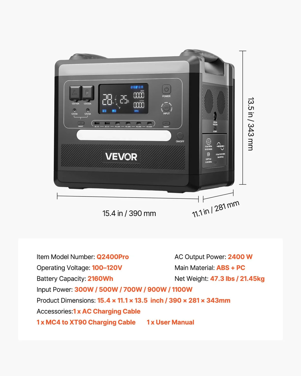 VEVOR Portable Power Station, 2400W 2160Wh Power Station Solar Generator with 10 Output Ports & Adjustable Input Power, Expandable LiFePO4 Battery Backup for Home Camping RV (Solar Panel NOT Included) - View 6