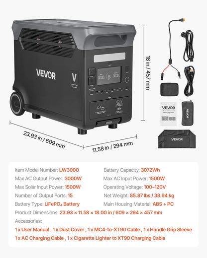 VEVOR Portable Power Station, 3000W Solar Generator Power Station, 3072Wh LiFePO4 Battery Backup with 15 Output Ports for for Home Emergency, Outdoor Camping, RV Travel (Solar Panel NOT Included) - View 6
