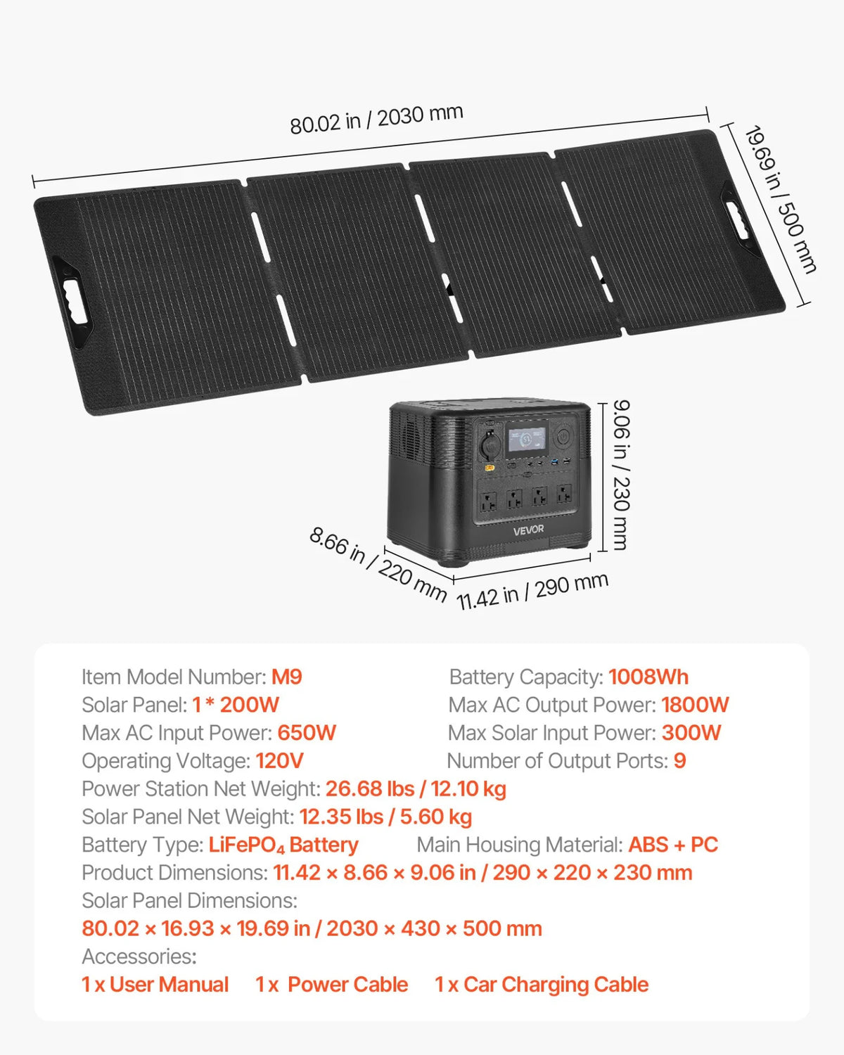 VEVOR Portable Power Station with 200W Solar Panel, 1800W Solar Generator Power Station, 1008Wh LiFePO4 Battery Backup with 9 Output Ports for for Home Emergency, Outdoor Camping, RV Travel - View 6
