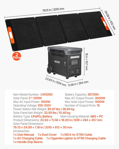 VEVOR Portable Power Station with 2PCS 200W Solar Panels, 3000W Solar Generator Power Station, 3072Wh LiFePO4 Battery Backup with 15 Output Ports for for Home Emergency, Outdoor Camping, RV Travel - View 6