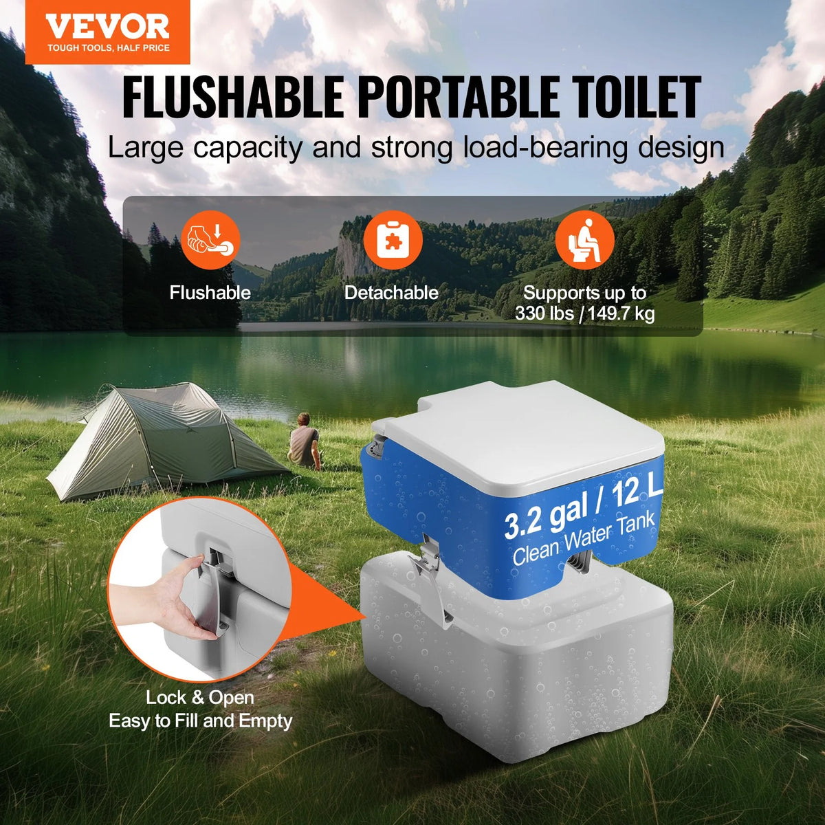 VEVOR Portable Toilet for Camping, Porta Potty with Carry Bag, 5.3 Gal Waste Tank & 3.2 Gal Flush Tank, Push-Button Pressurized Flush Commode, Leak-proof and Odourless Travel Toilet for Camping Car - View 2