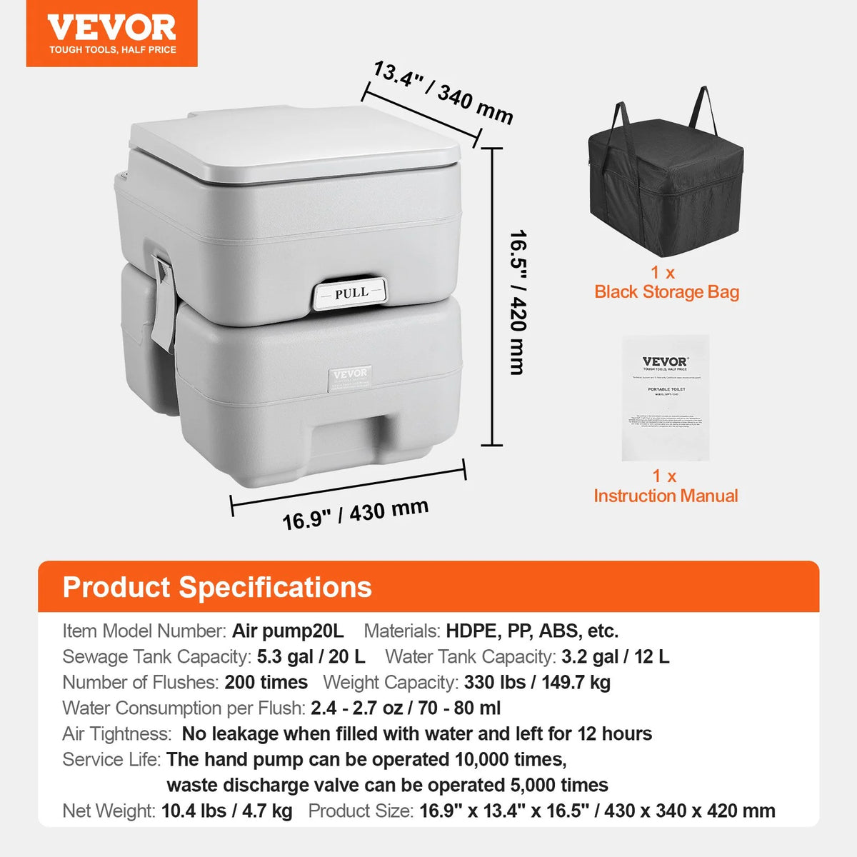 VEVOR Portable Toilet for Camping, Porta Potty with Carry Bag, 5.3 Gal Waste Tank & 3.2 Gal Flush Tank, Push-Button Pressurized Flush Commode, Leak-proof and Odourless Travel Toilet for Camping Car - View 7