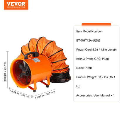 VEVOR Portable Ventilator, 12 inch Heavy Duty Cylinder Fan with 16.4ft Duct Hose, 585W Strong Shop Exhaust Blower 3198CFM, Industrial Utility Blower for Sucking Dust, Smoke, Smoke Home/Workplace - View 6