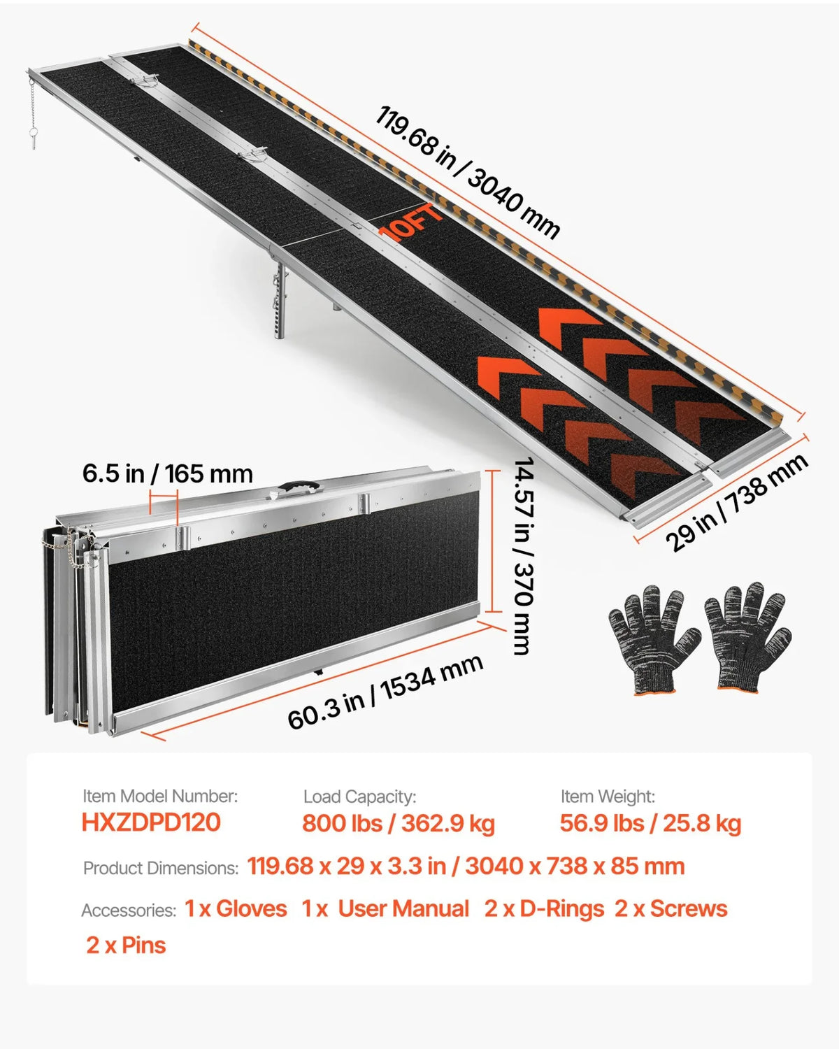 VEVOR Portable Wheelchair Ramp, 10FT, Non-Slip Aluminum Folding Handicap Ramp for Wheelchair, 800 lbs Capacity, Door Threshold Ramps for Home Steps, Stairs, Entry, Threshold, Doorways, Scooter, Curbs - View 6