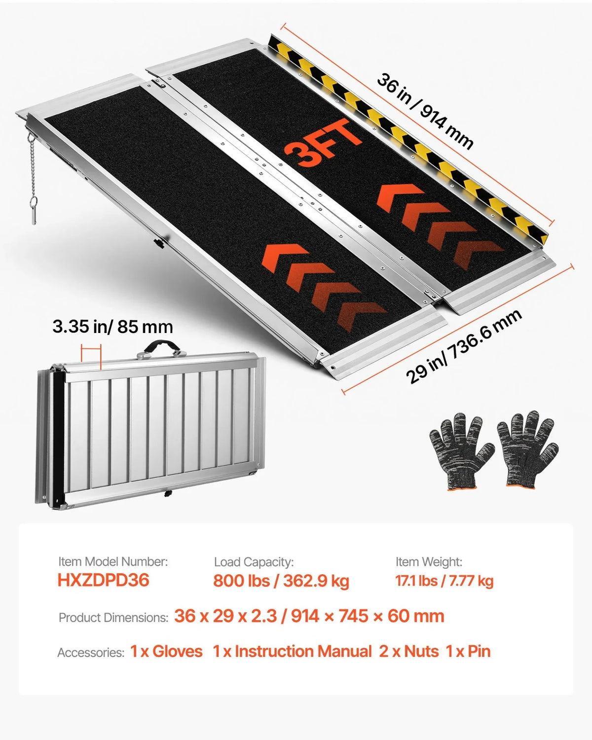 VEVOR Portable Wheelchair Ramp, 3FT, Non-Slip Aluminum Folding Handicap Ramp for Wheelchair, 800 lbs Capacity, Door Threshold Ramps for Home Steps, Stairs, Entry, Threshold, Doorways, Scooter, Curbs - View 6