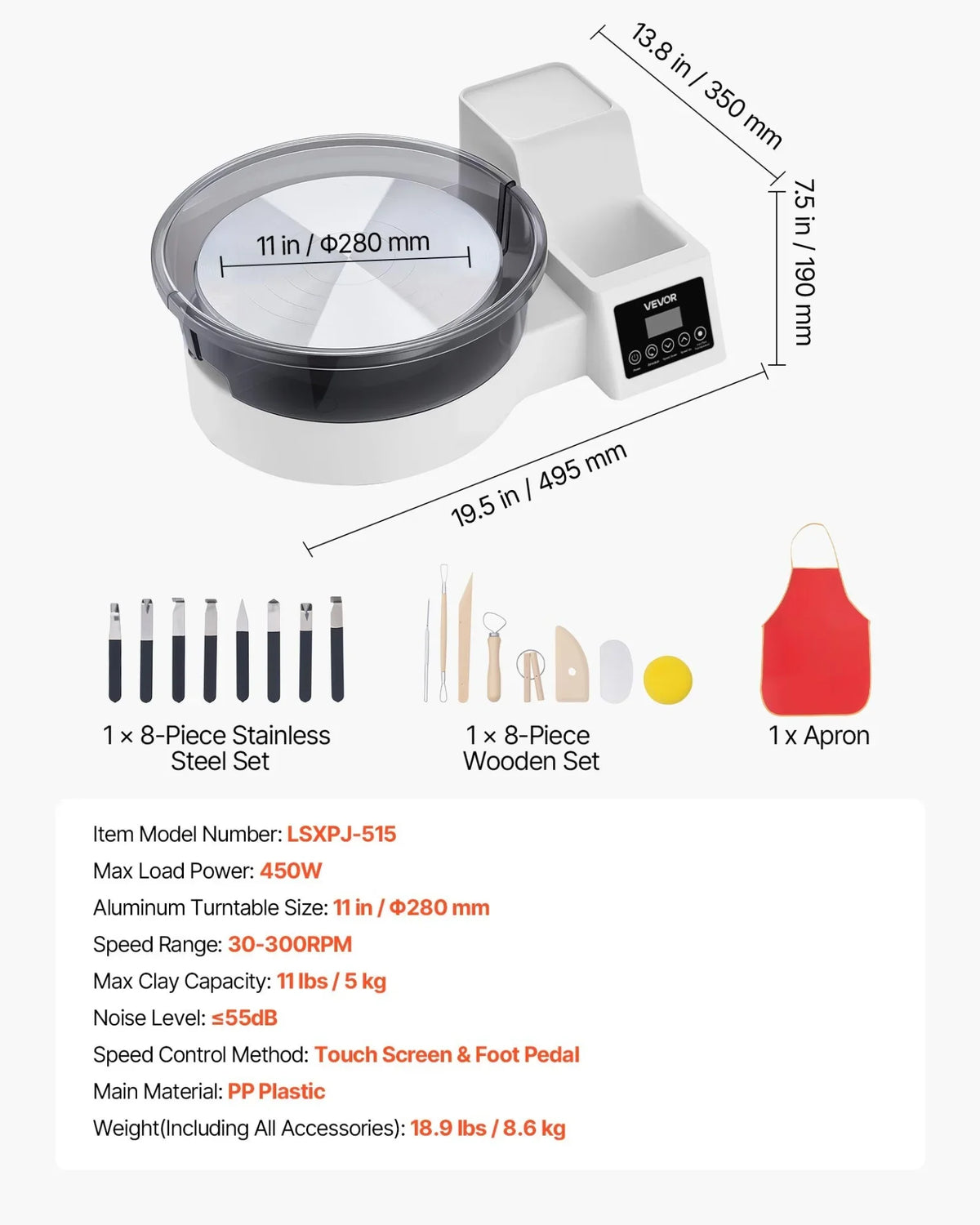 VEVOR Pottery Wheel for Adults, 11" Aluminum Turntable, 450W Electric Table Top Pottery Wheel with Foot Pedal, 30-300 RPM Adjustable Speed, Detachable Basin, for Beginners, DIY Clay Art Craft, White - View 6
