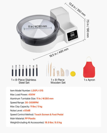 VEVOR Pottery Wheel for Adults, 11" Aluminum Turntable, 450W Electric Table Top Pottery Wheel with Foot Pedal, 30-300 RPM Adjustable Speed, Detachable Basin, for Beginners, DIY Clay Art Craft, White - View 6
