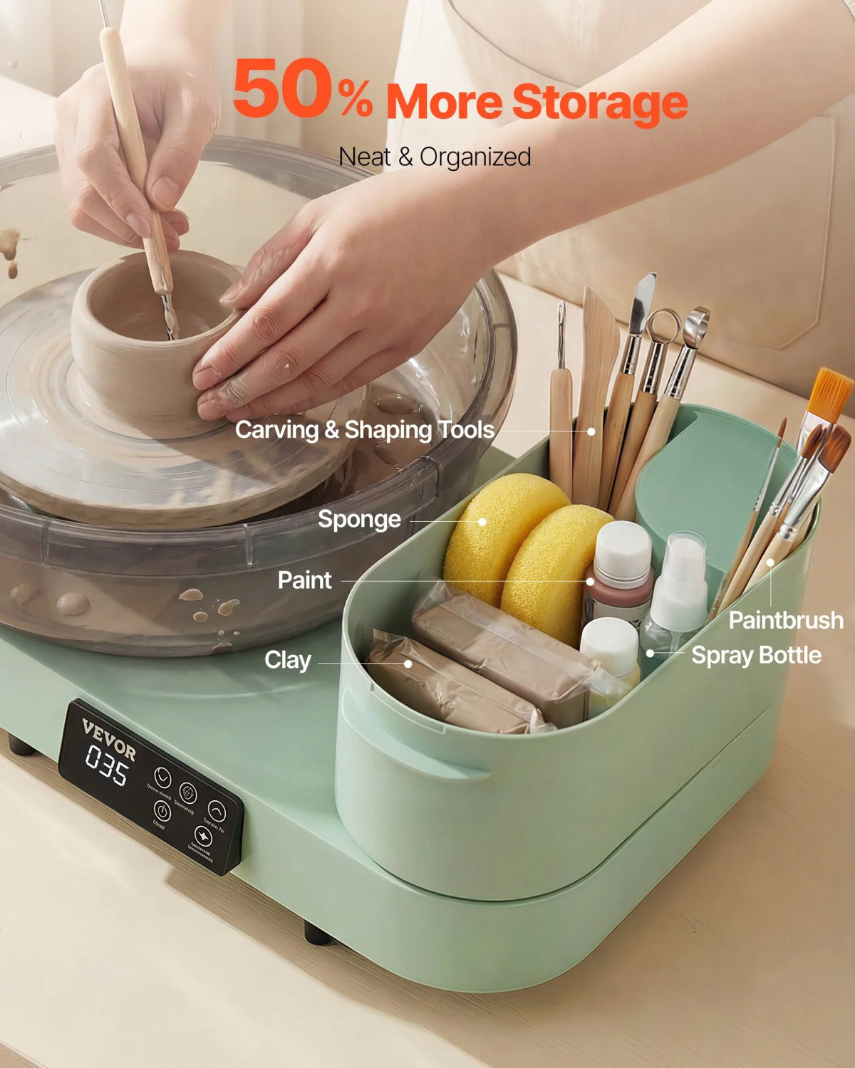 VEVOR Pottery Wheel for Adults, 14" and 11" Turntables, 450W Electric Table Top Pottery Wheel with Foot Pedal, 30-300 RPM Adjustable Speed, Aluminum Body, for Beginners, DIY Clay Art Craft, Green - View 5