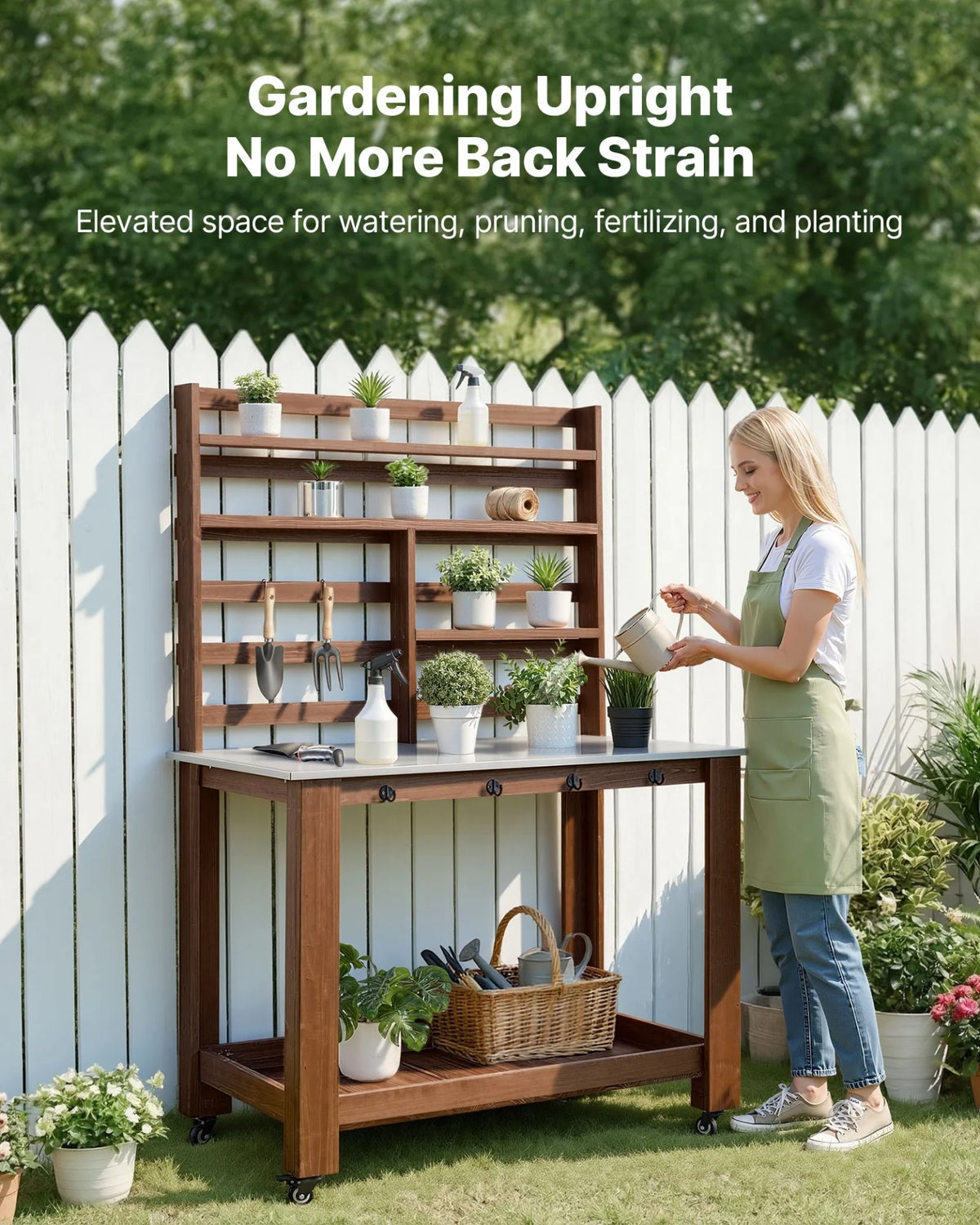 VEVOR Potting Bench Table, Outdoor Gardening Workstation with 45 x 26 in Stainless Steel Tabletop, Storage Shelves, 4 Casters, Hooks, Garden Planting Work Station for Outside Patio, Backyard, Brown