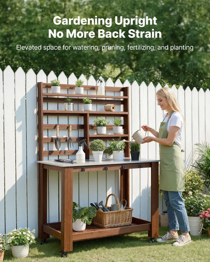 VEVOR Potting Bench Table, Outdoor Gardening Workstation with 45 x 26 in Stainless Steel Tabletop, Storage Shelves, 4 Casters, Hooks, Garden Planting Work Station for Outside Patio, Backyard, Brown