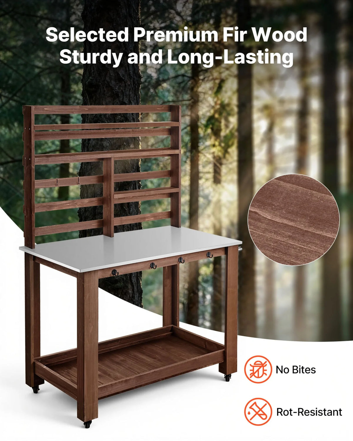 VEVOR Potting Bench Table, Outdoor Gardening Workstation with 45 x 26 in Stainless Steel Tabletop, Storage Shelves, 4 Casters, Hooks, Garden Planting Work Station for Outside Patio, Backyard, Brown - View 2