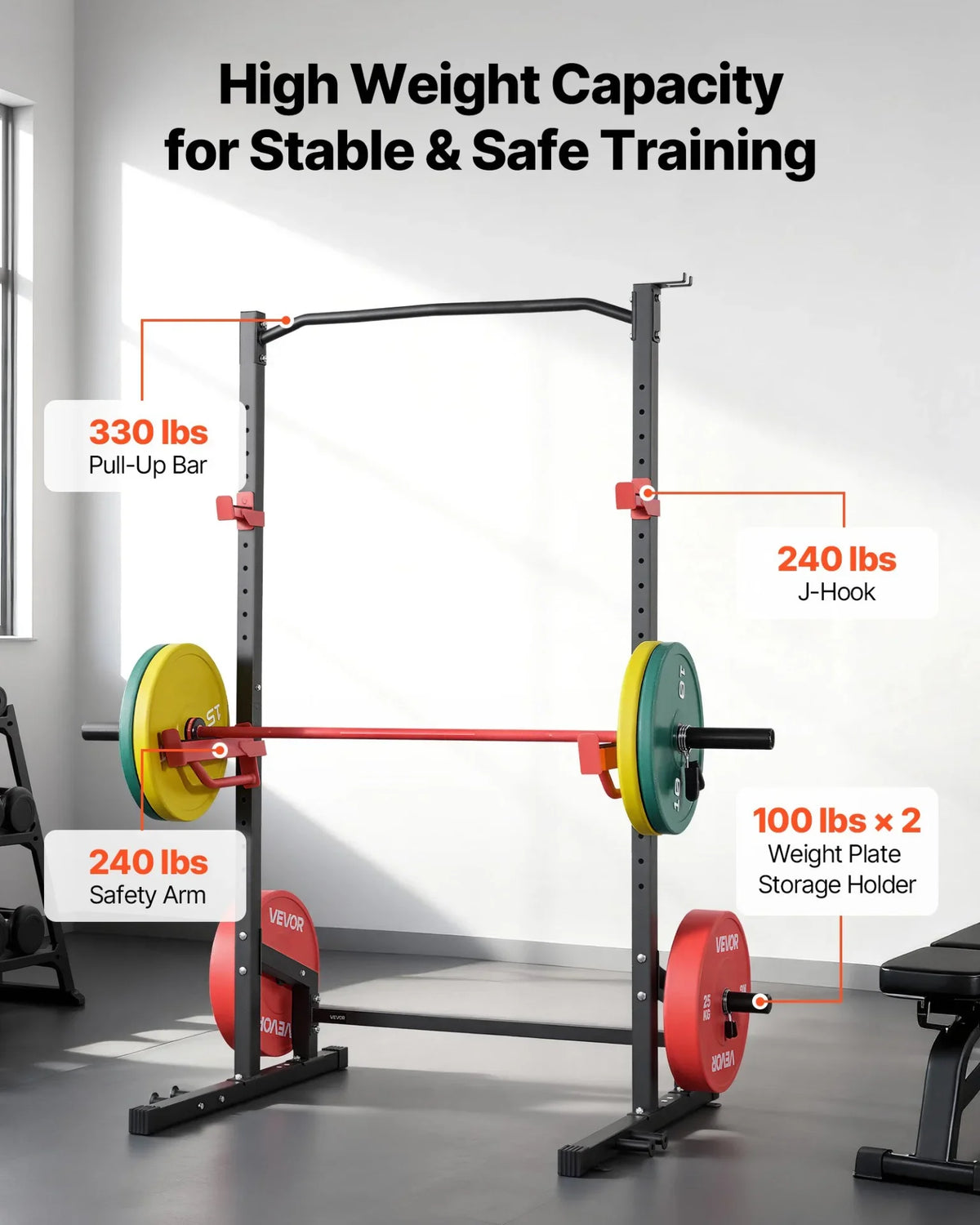 VEVOR Power Cage Squat Rack, Multifunctional Power Rack Home Gym, 1000LBS Strength Training Workout Equipment with 4 Band Pegs, Adjustable J-Hooks & Safety Bars for Barbell Squat Bench Press Pull-Up - View 2
