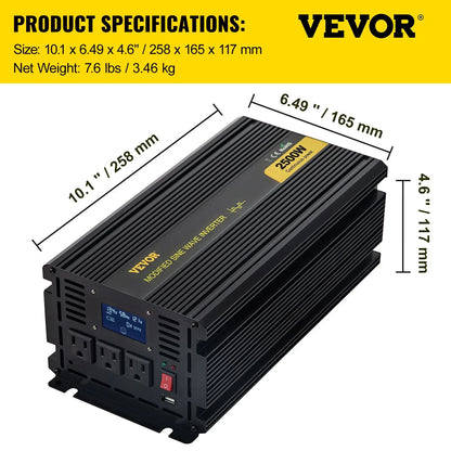 VEVOR Power Inverter, 2500W Modified Sine Wave Inverter, DC 12V to AC 120V Car Converter, with LCD Display, Remote Controller, LED Indicator, AC Outlets Inverter for Truck RV Car Boat Travel Camping - View 5