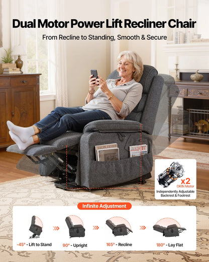VEVOR Power Lift Recliner Chair, Dual Motor Medium Lift Chair with Heat and Massage for Elderly, Position Adjustable, Remote Control, with Side Pockets, Chenille Fabric, Dark Gray