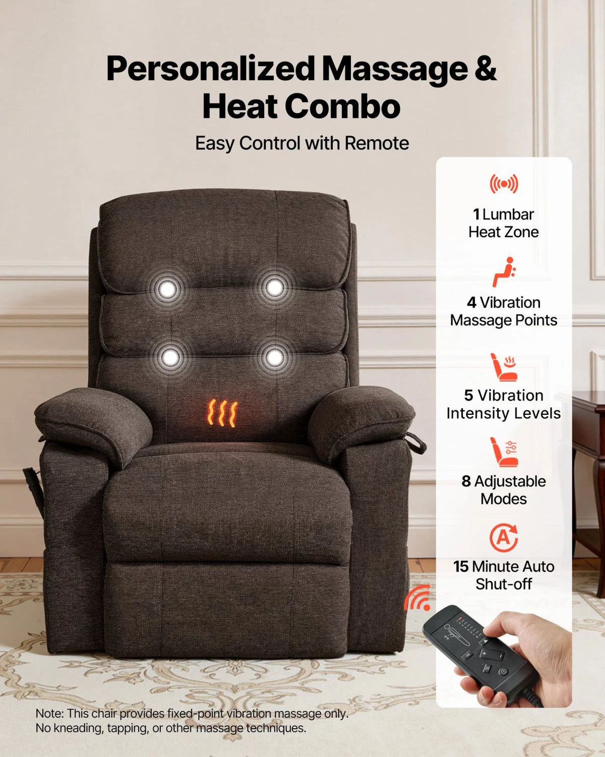 VEVOR Power Lift Recliner Chair, Dual Motor Medium Lift Chair with Heat and Massage for Elderly, Position Adjustable, Remote Control, with Side Pockets, Chenille Fabric, Brown - View 3