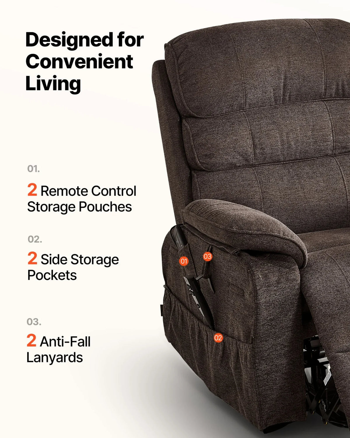 VEVOR Power Lift Recliner Chair, Dual Motor Medium Lift Chair with Heat and Massage for Elderly, Position Adjustable, Remote Control, with Side Pockets, Chenille Fabric, Brown - View 6
