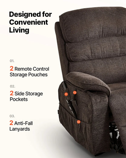VEVOR Power Lift Recliner Chair, Dual Motor Medium Lift Chair with Heat and Massage for Elderly, Position Adjustable, Remote Control, with Side Pockets, Chenille Fabric, Brown - View 6