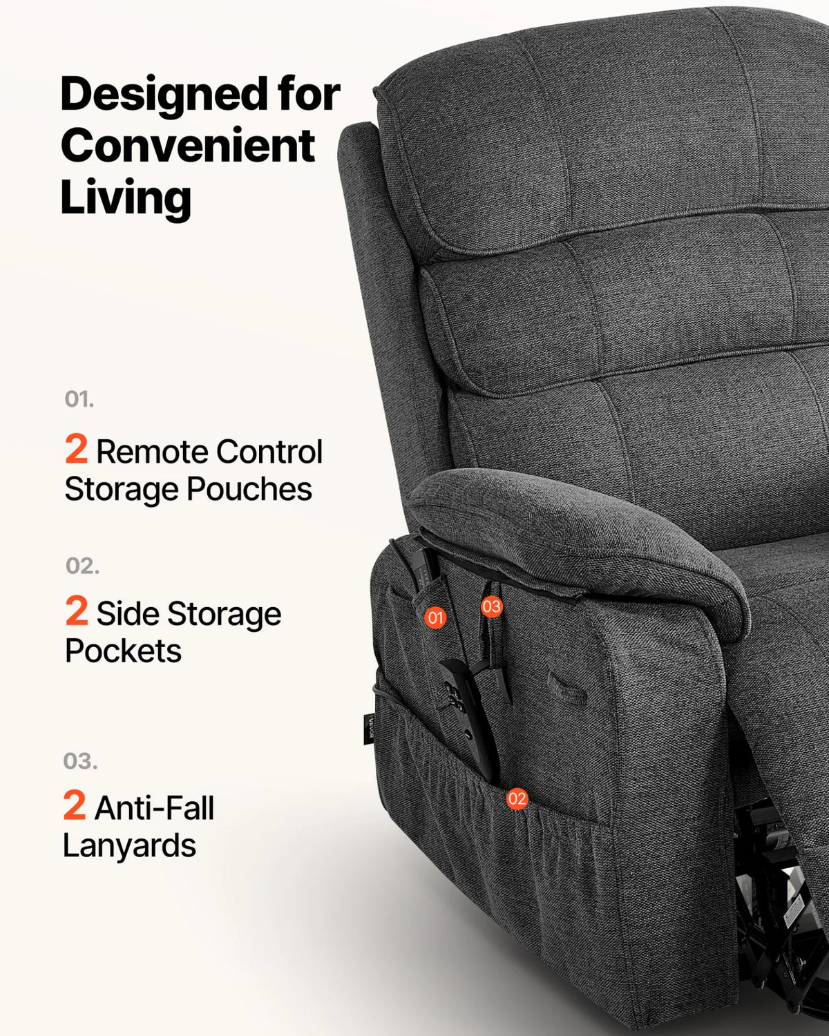 VEVOR Power Lift Recliner Chair, Dual Motor Medium Lift Chair with Heat and Massage for Elderly, Position Adjustable, Remote Control, with Side Pockets, Chenille Fabric, Dark Gray - View 6