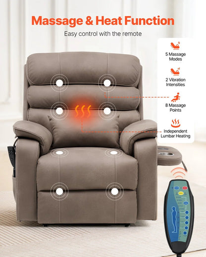 Vevor Power Lift Recliner Chair, Medium-Wide Lay Flat Dual Motor Sofa with Massage and Heat for Elderly People, Cup Holders, Wireless Charging Pad, Light Brown