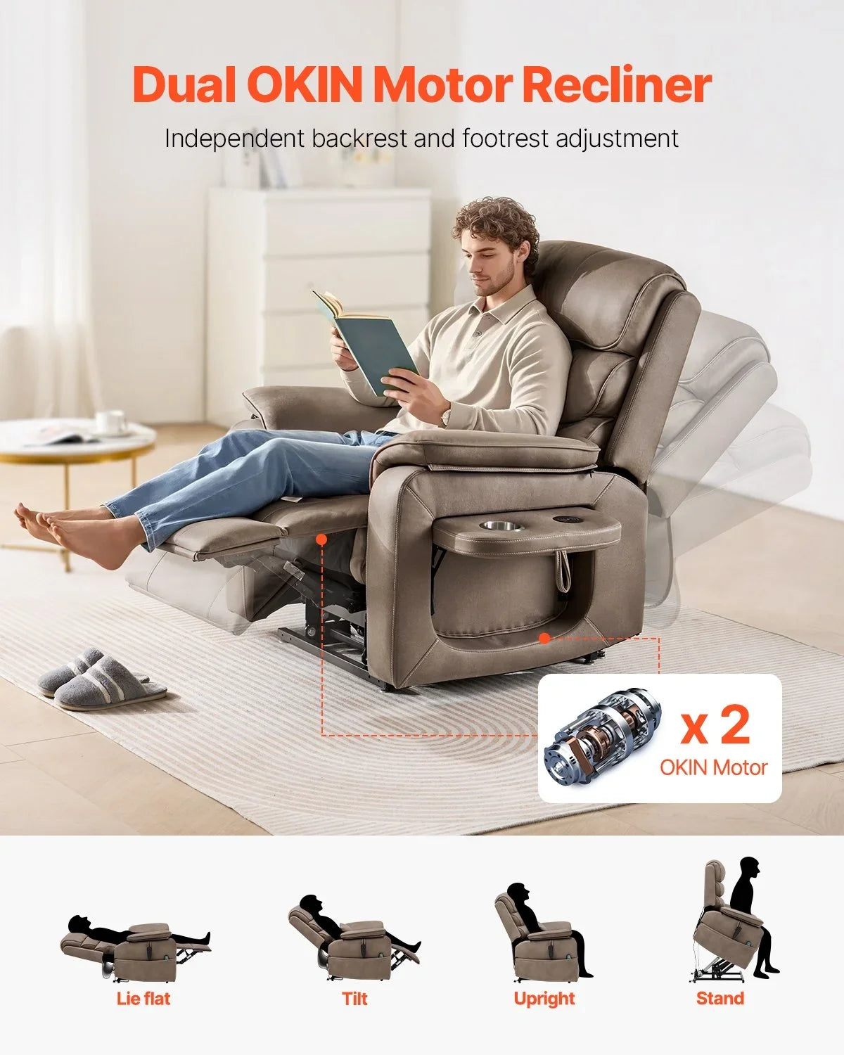 Vevor Power Lift Recliner Chair, Medium-Wide Lay Flat Dual Motor Sofa with Massage and Heat for Elderly People, Cup Holders, Wireless Charging Pad, Light Brown - View 2