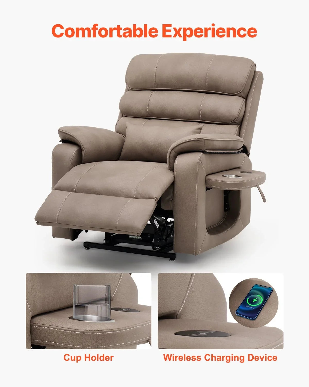 Vevor Power Lift Recliner Chair, Medium-Wide Lay Flat Dual Motor Sofa with Massage and Heat for Elderly People, Cup Holders, Wireless Charging Pad, Light Brown - View 4