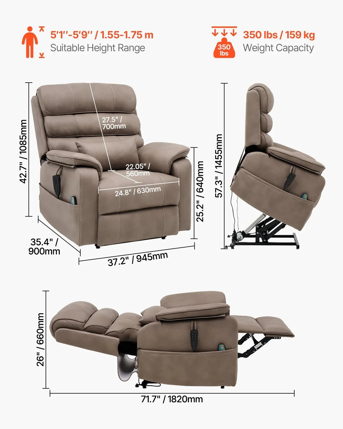 Vevor Power Lift Recliner Chair, Medium-Wide Lay Flat Dual Motor Sofa with Massage and Heat for Elderly People, Cup Holders, Wireless Charging Pad, Light Brown - View 6