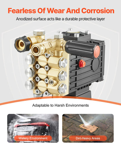 VEVOR Pressure Washer Pump, 1" Shaft Horizontal Triplex Plunger, 3600 PSI, 3.7 GPM, Replacement Power Washer Pumps Kit with Siphon Tube, Hardware, Compatible with Simpson MorFlex 40224, 40225, 40226 - View 2