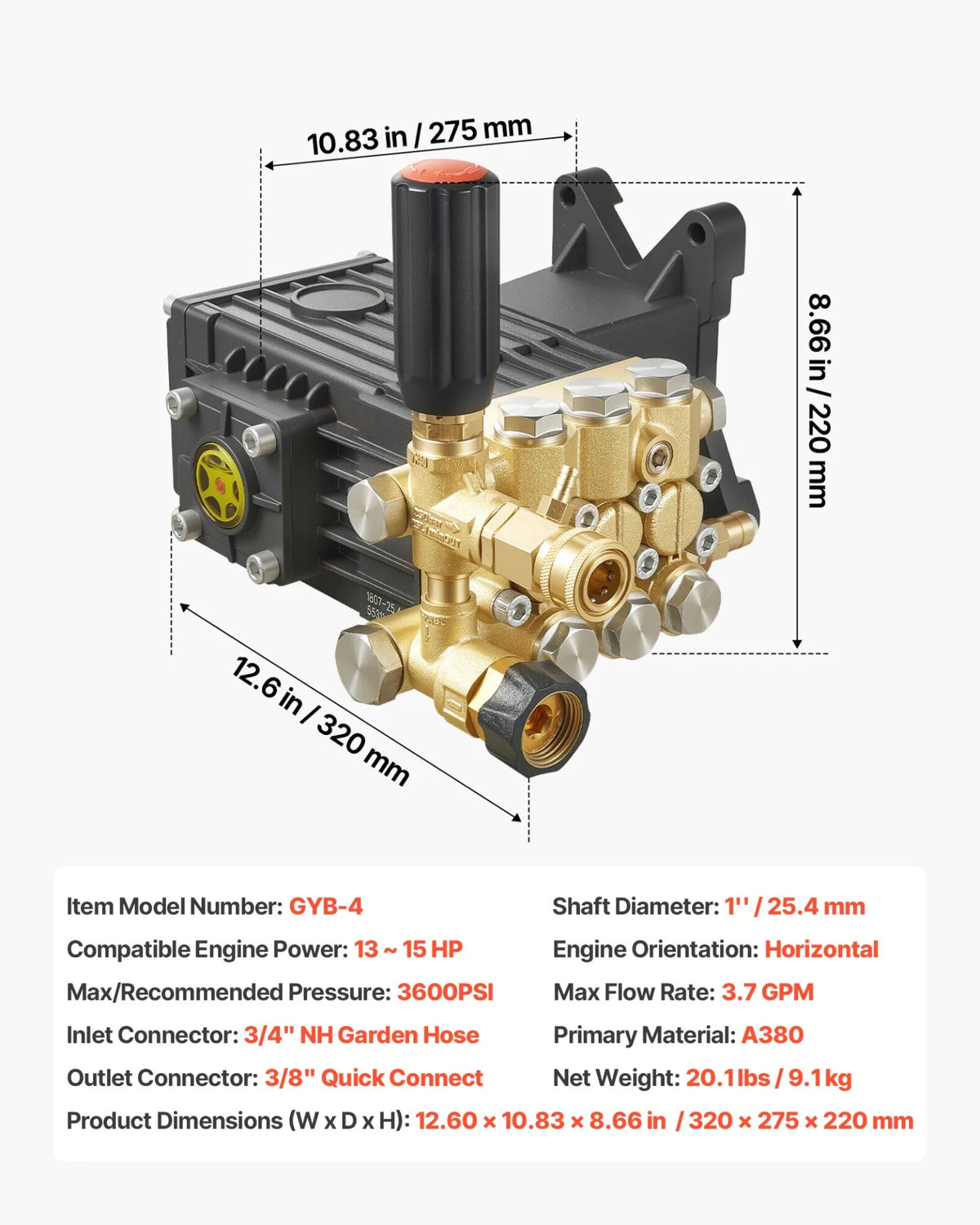 VEVOR Pressure Washer Pump, 1" Shaft Horizontal Triplex Plunger, 3600 PSI, 3.7 GPM, Replacement Power Washer Pumps Kit with Siphon Tube, Hardware, Compatible with Simpson MorFlex 40224, 40225, 40226 - View 6