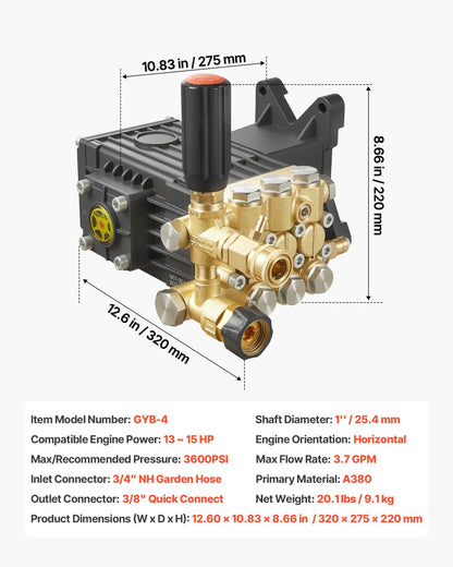VEVOR Pressure Washer Pump, 1" Shaft Horizontal Triplex Plunger, 3600 PSI, 3.7 GPM, Replacement Power Washer Pumps Kit with Siphon Tube, Hardware, Compatible with Simpson MorFlex 40224, 40225, 40226 - View 6