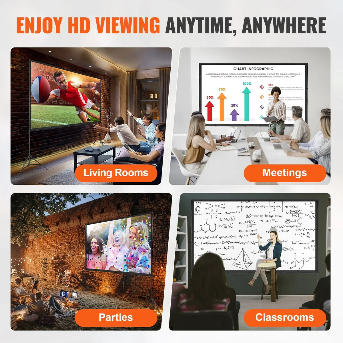 VEVOR Projector Screen with Stand, 120 inch 16:9 4K 1080 HD Outdoor Movie Screen with Stand, Wrinkle-Free Projection Screen with Tripods and Carry Bag, for Home Theater Cinema Backyard Movie Night - View 2