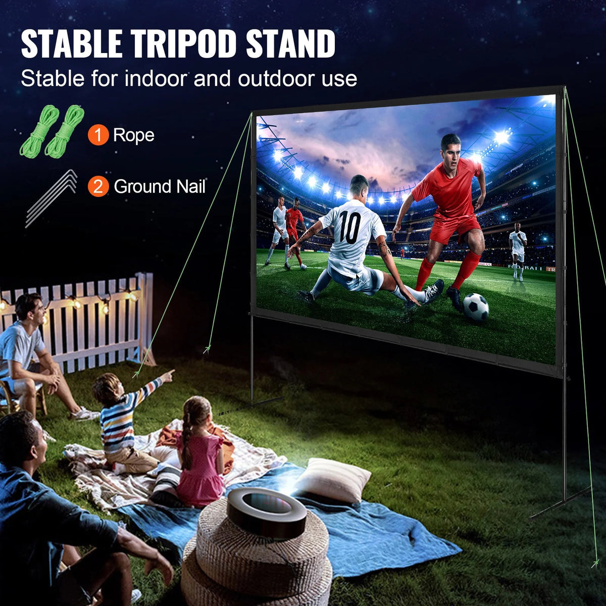 VEVOR Projector Screen with Stand, 120 inch 16:9 4K 1080 HD Outdoor Movie Screen with Stand, Wrinkle-Free Projection Screen with Bar Feet and Carry Bag, for Home Theater Cinema Backyard Movie Night - View 3